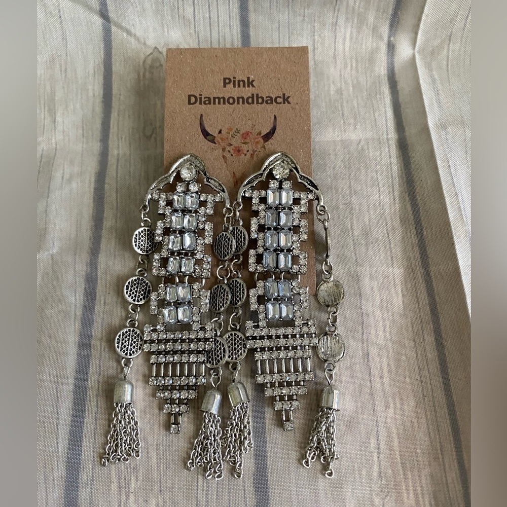 Pink Diamondback Silver-Tone Rhinestones Chandelier Dangle Fashion Earrings